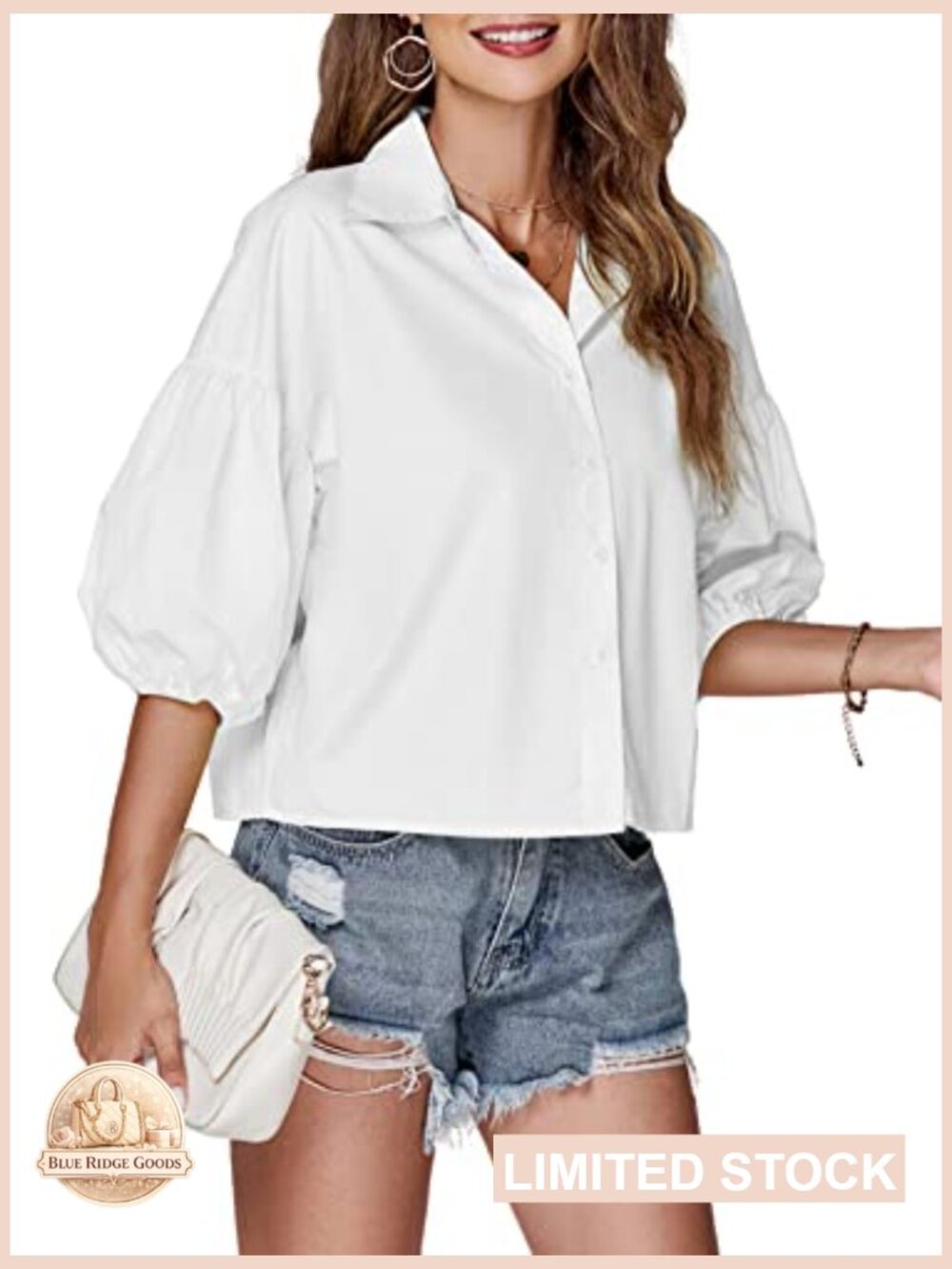 Crop Top Blouse Lantern Sleeve Collared V Neck Button Down Casual Summer Y2K - Picture 4 of 7